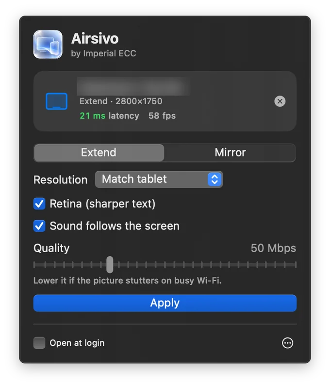 Airsivo menu bar panel showing a connected tablet at 21 ms latency