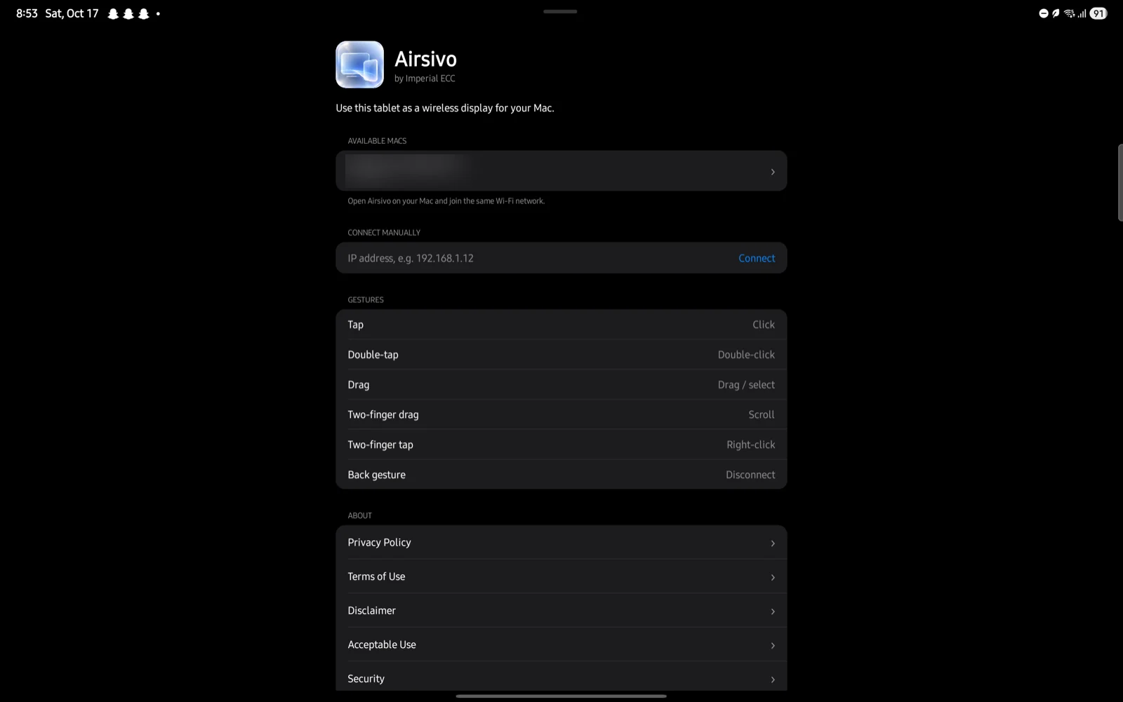 Airsivo app on an Android tablet finding a Mac to use as a second screen
